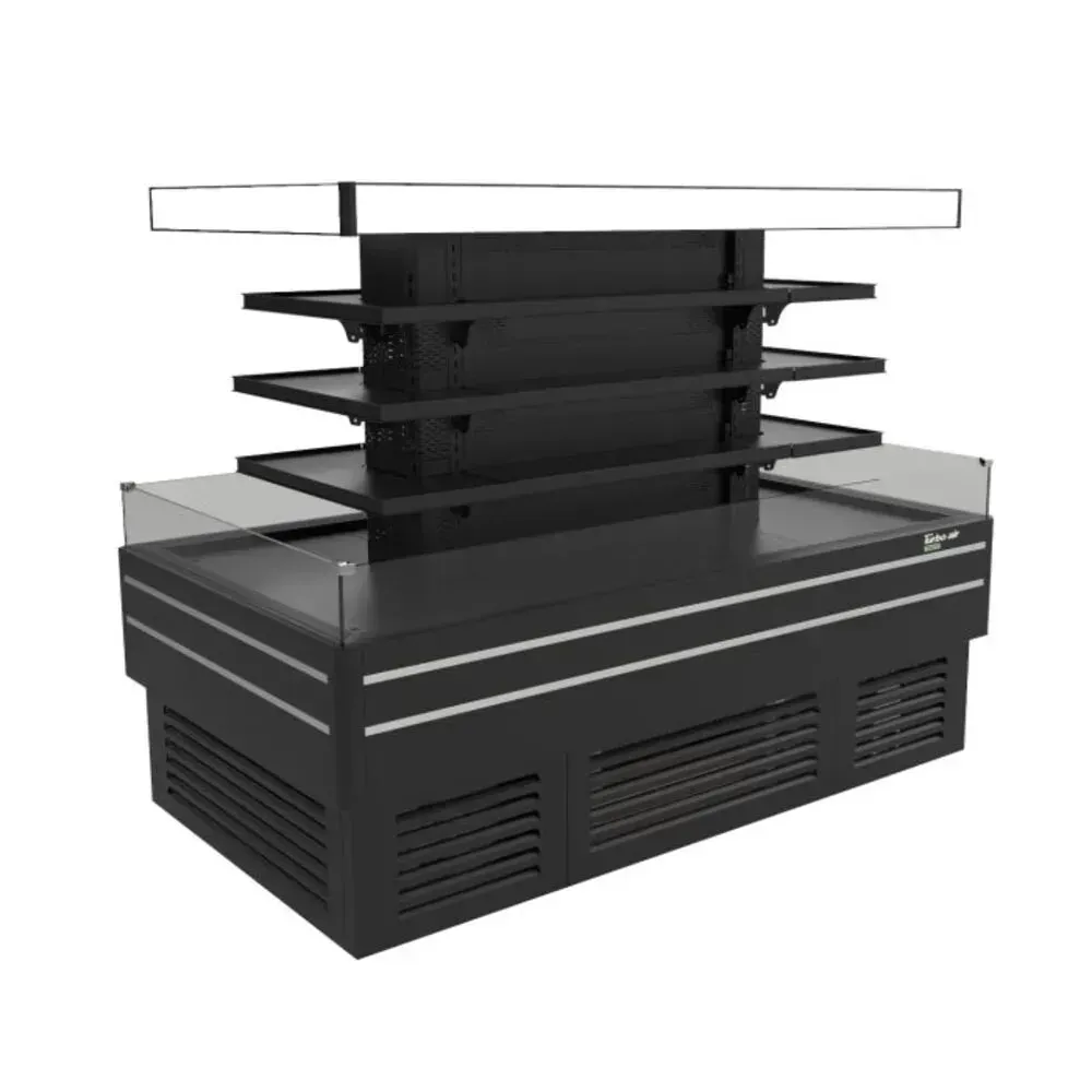 Black island self serve refrigerated merchandiser from Turbo Air with an open layout and LED lighting, designed to boost grab and go sales.