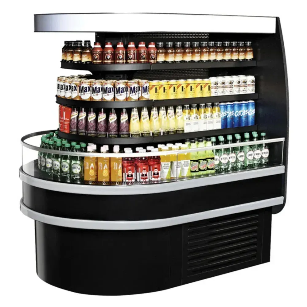Black open island display case from Turbo Air providing unobstructed views of chilled items for efficient self service in retail environments.