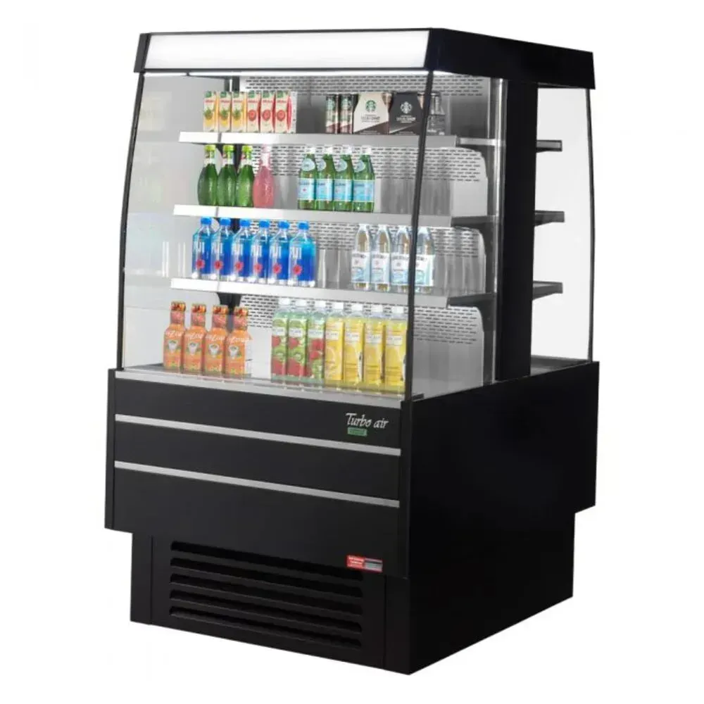 Narrow, vertical open air merchandiser from Turbo Air with a sleek black finish, perfect for creating an appealing grab and go beverage station.