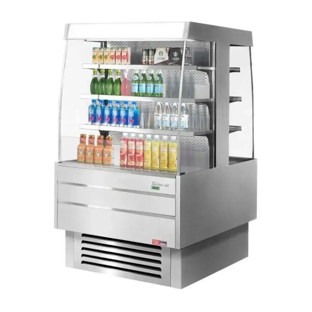 Compact, vertical open air merchandiser in stainless steel by Turbo Air, a great space saving solution for showcasing drinks in a cafe.
