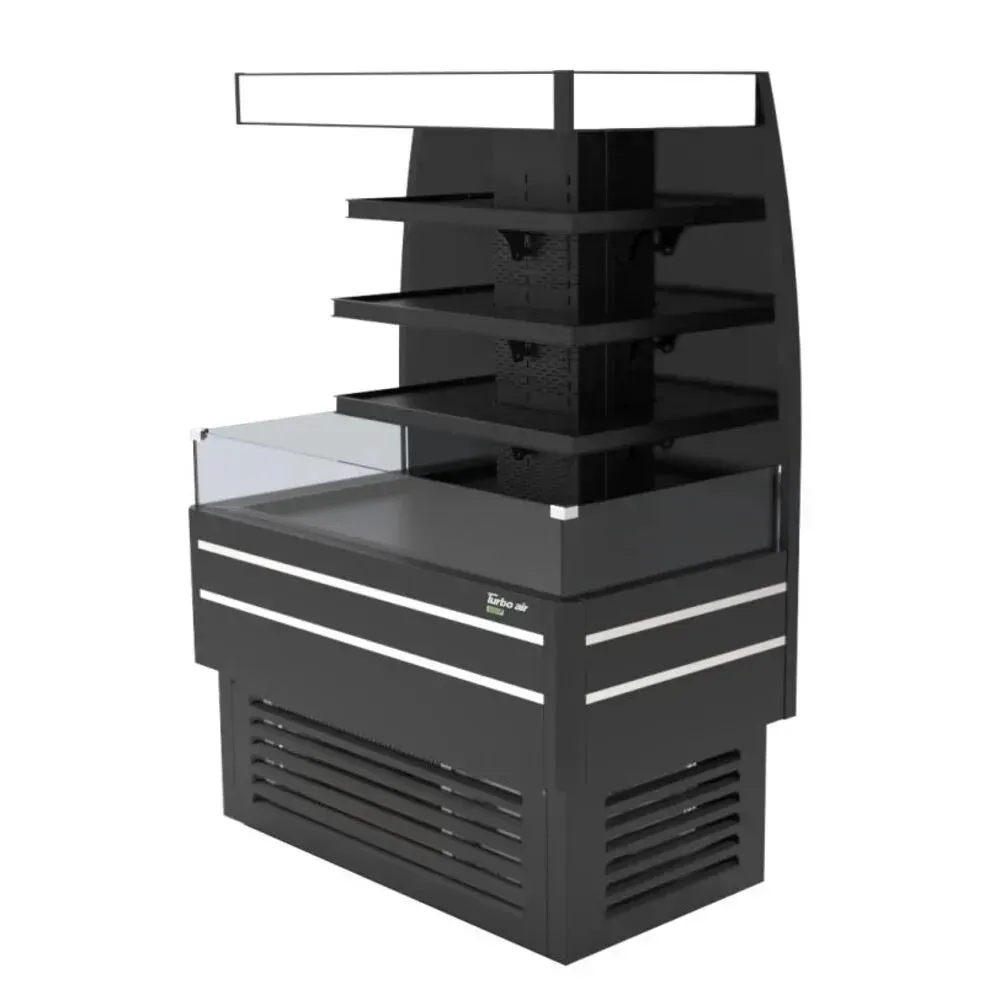 Black island self serve refrigerated merchandiser by Turbo Air with a slim profile and LED lighting, perfect for tight impulse sales zones.