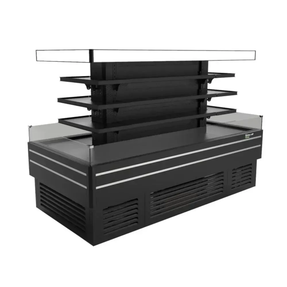 Black island self serve refrigerated merchandiser by Turbo Air with an open display and LED lighting, perfect for supermarket layouts.
