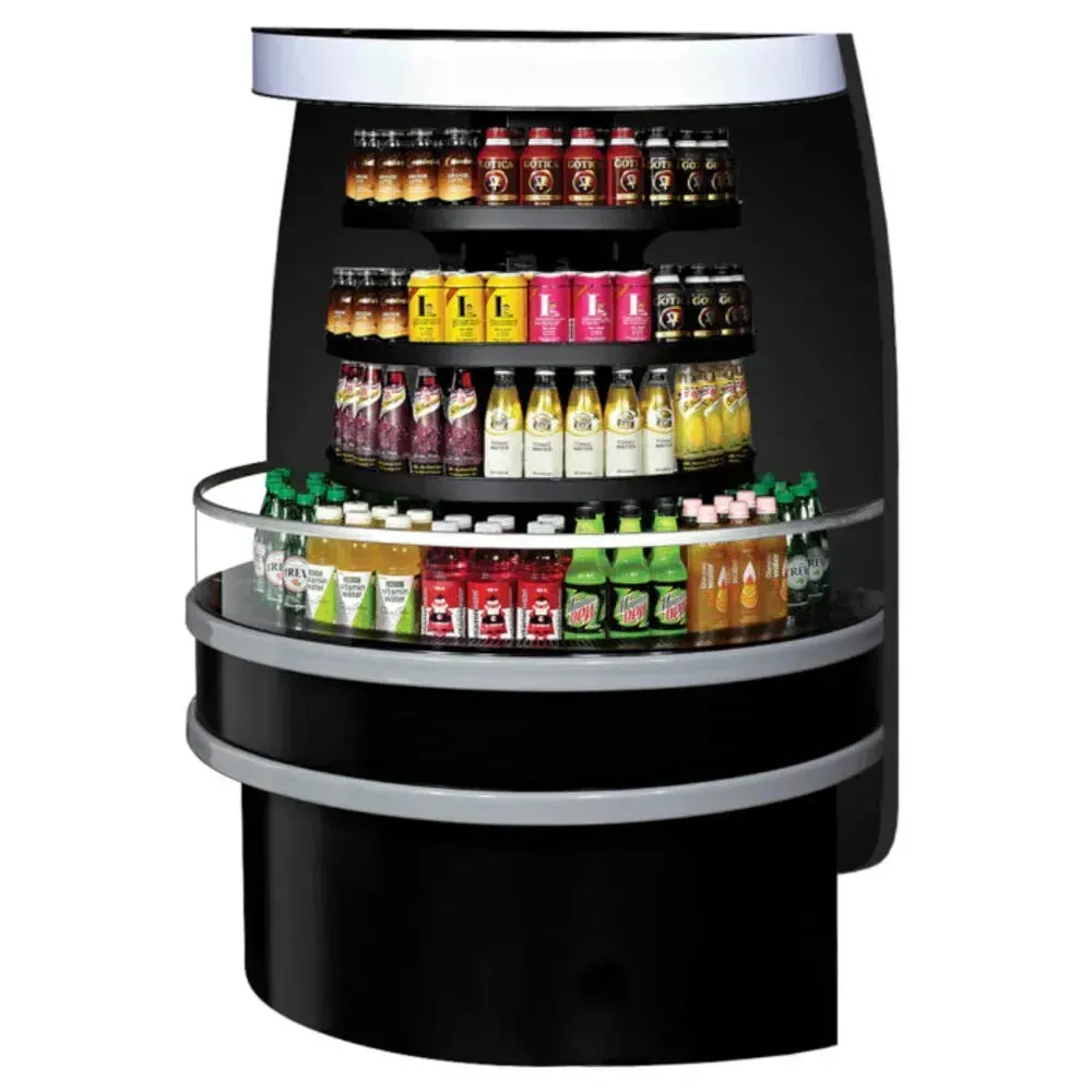 Self serve, round island refrigerated merchandiser by Turbo Air, designed with a black exterior for a modern, grab and go beverage presentation.
