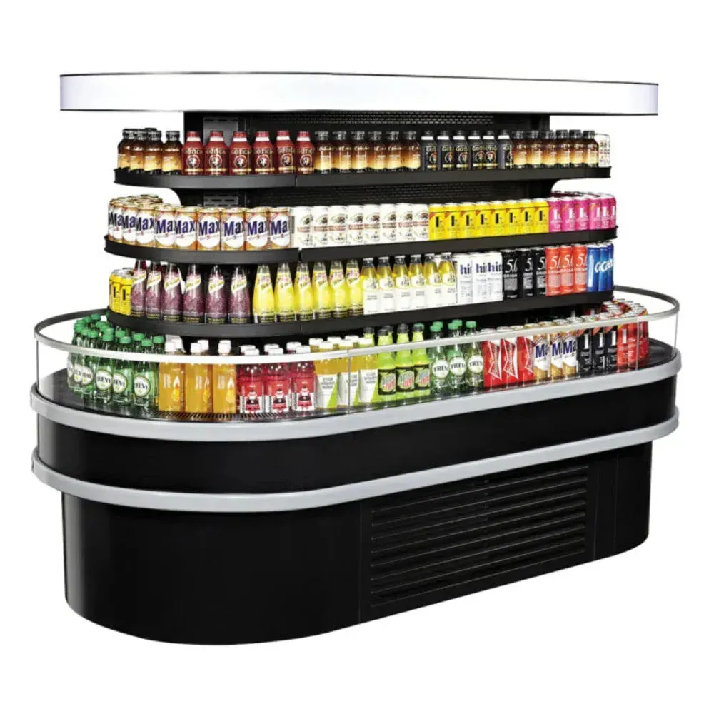Sleek black open island display case from Turbo Air showcases chilled products, ideal for fast self serve access in busy cafes and retail.