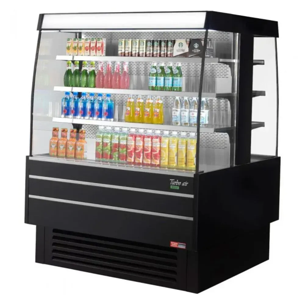 Vertical open air merchandiser by Turbo Air with a black finish and glass sides, designed for an attractive, self serve display of chilled products.