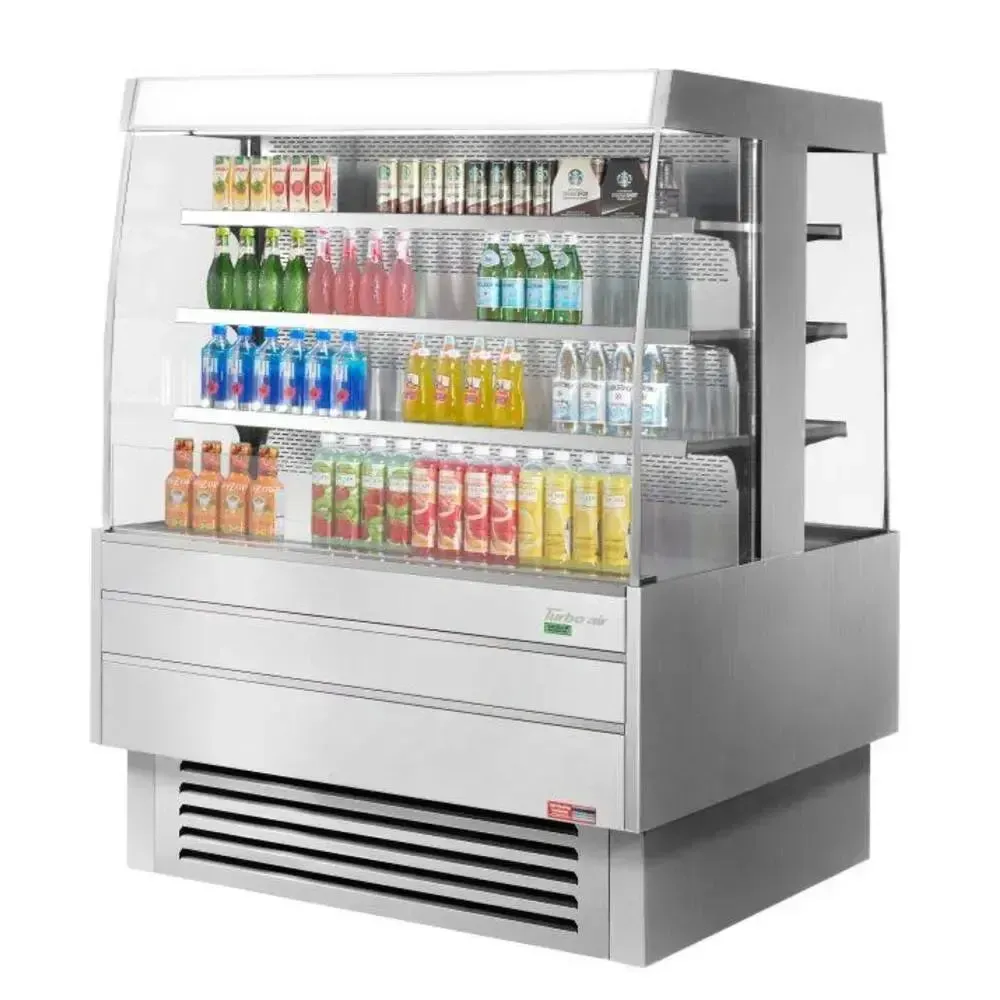Vertical open air refrigerated merchandiser from Turbo Air with a stainless steel finish and glass sides, perfect for grab and go drinks.