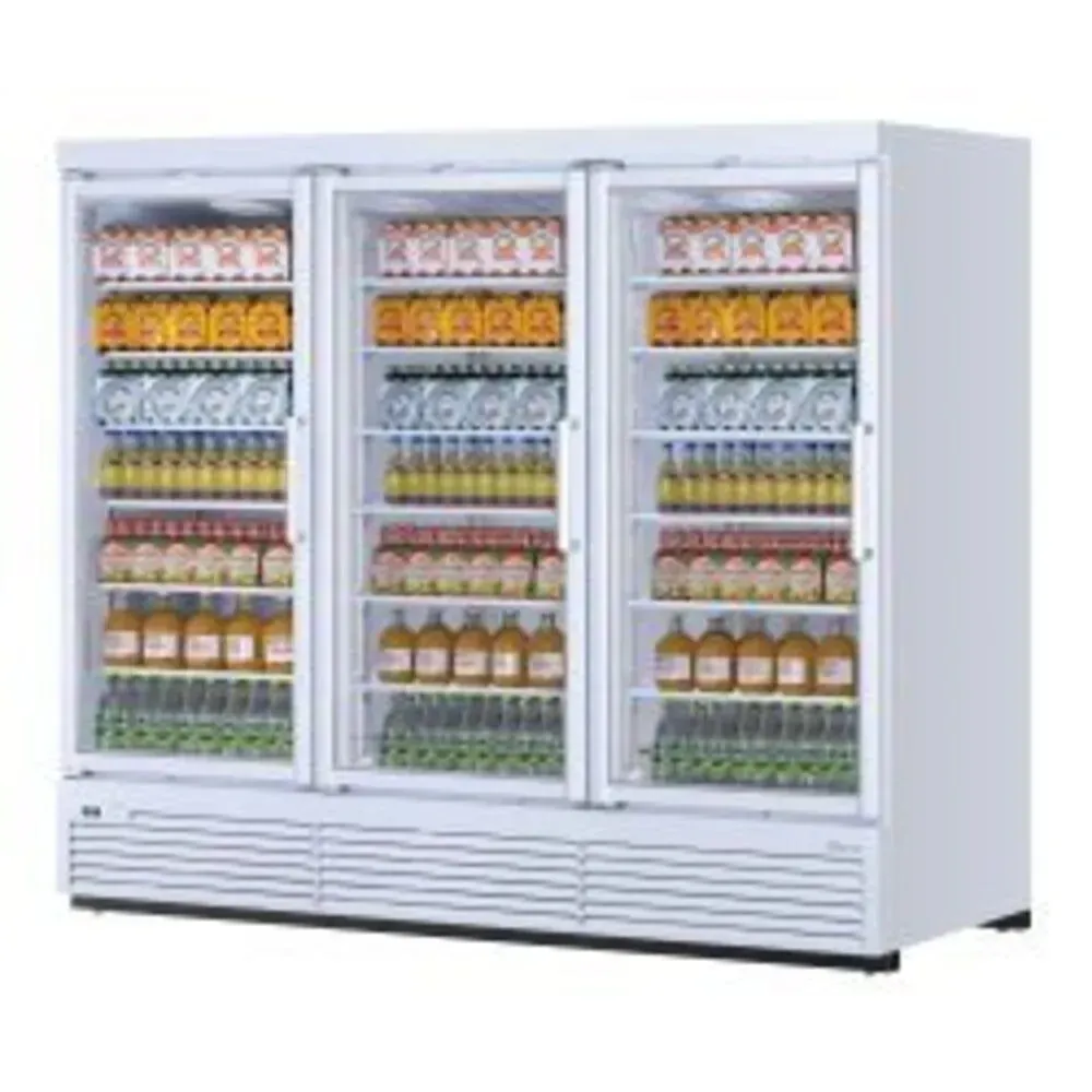 Three section glass merchandiser by Turbo Air delivers vast chilled display for supermarkets, highlighting beverages under bright LED lights.