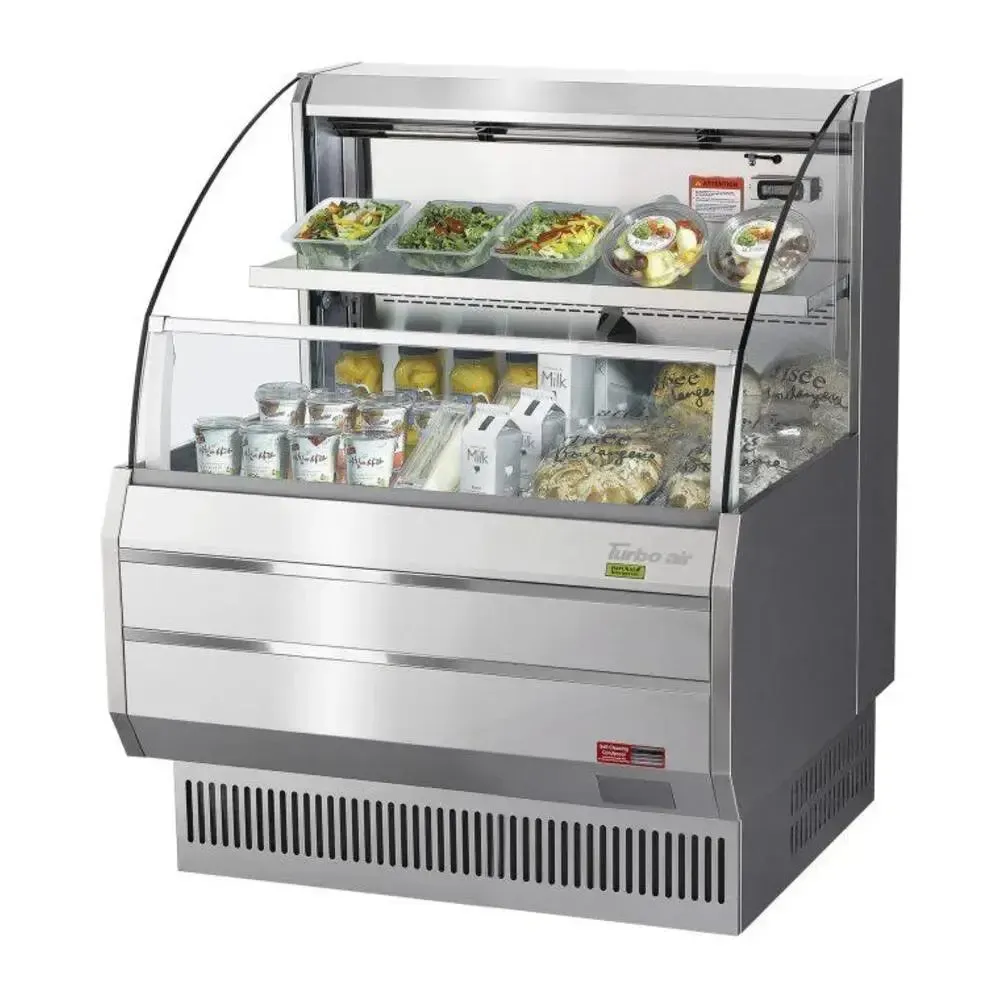 Energy saving open merchandiser from Turbo Air, built for eco conscious retailers, offers clear visibility and consistent temperature control.