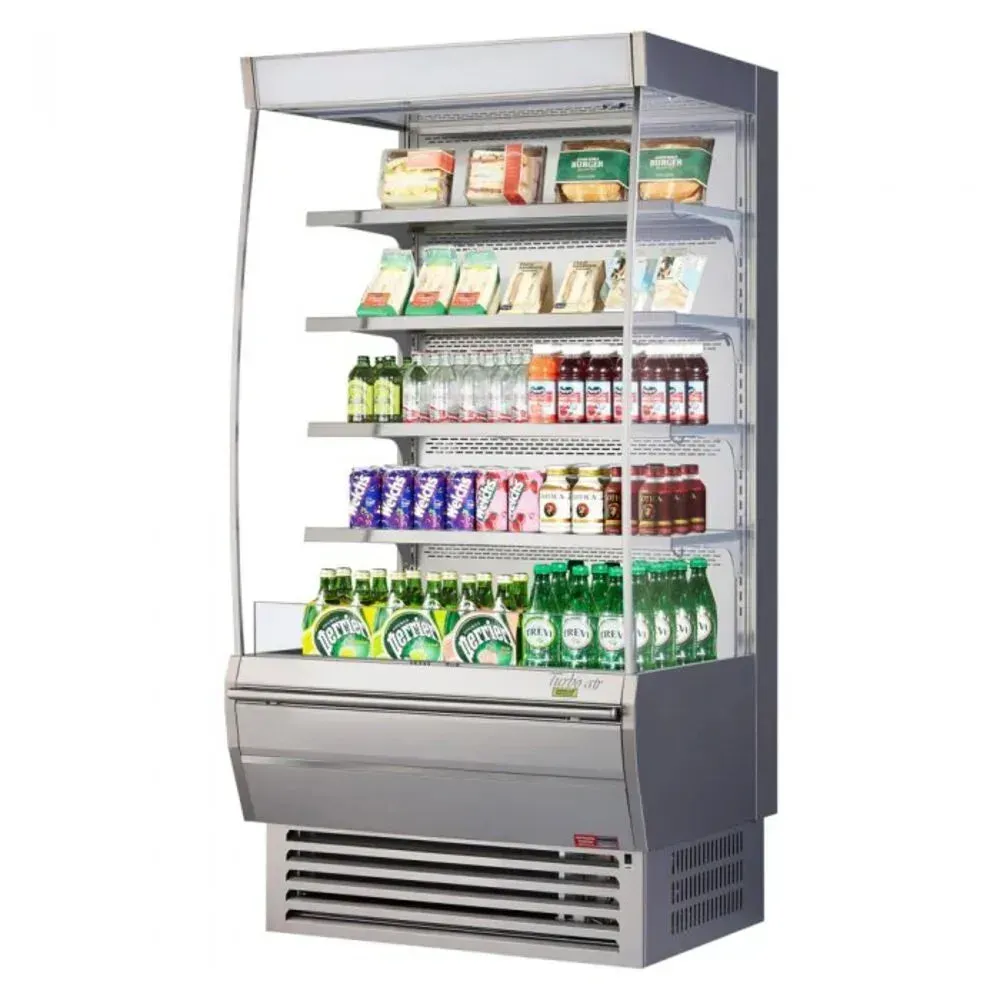Vertical open display refrigerator from Turbo Air with spacious and adjustable shelving for commercial use, ideal for showcasing a variety of products
