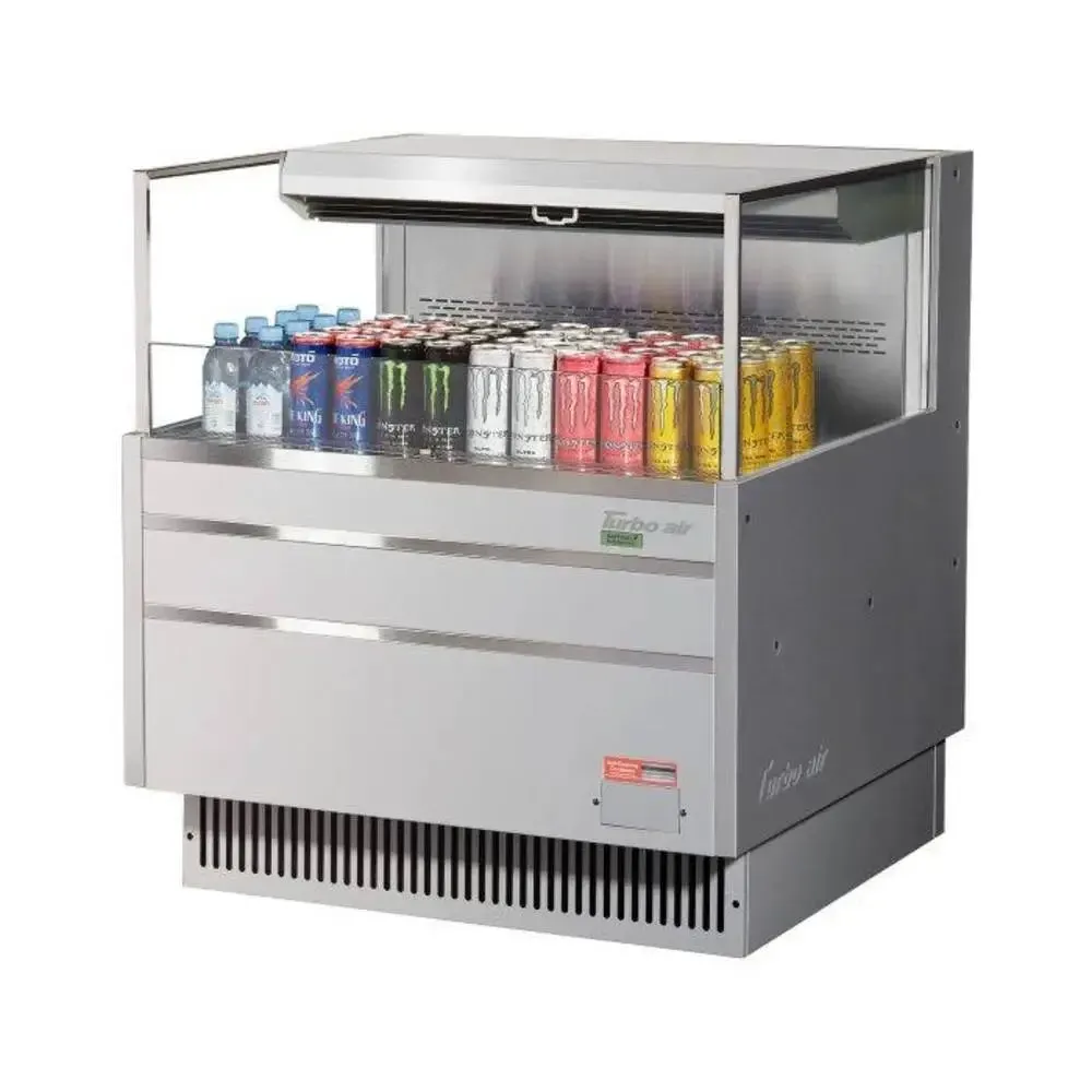 Energy efficient horizontal display unit by Turbo Air with LED lighting, ideal for eco conscious retail setups and attractive chilled products.