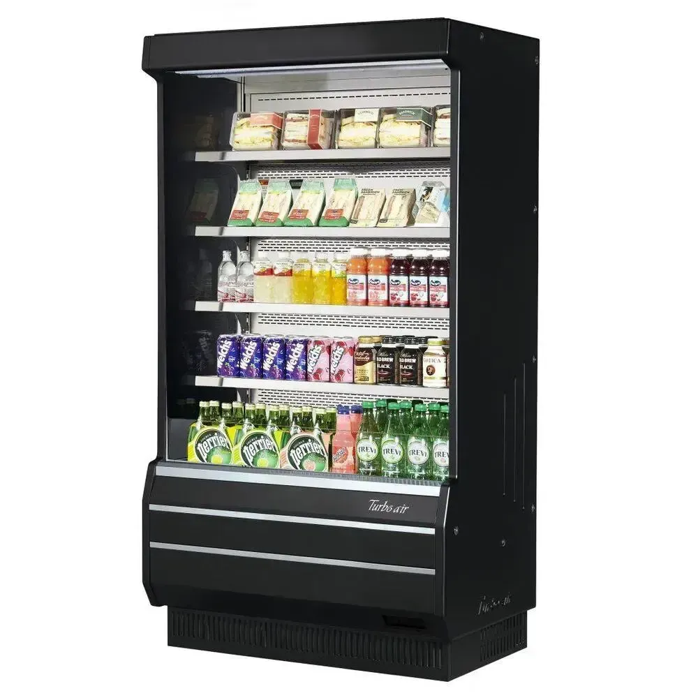 Vertical open display merchandiser by Turbo Air, full height with a black exterior, solid sides, LED shelves, and a durable build frame.