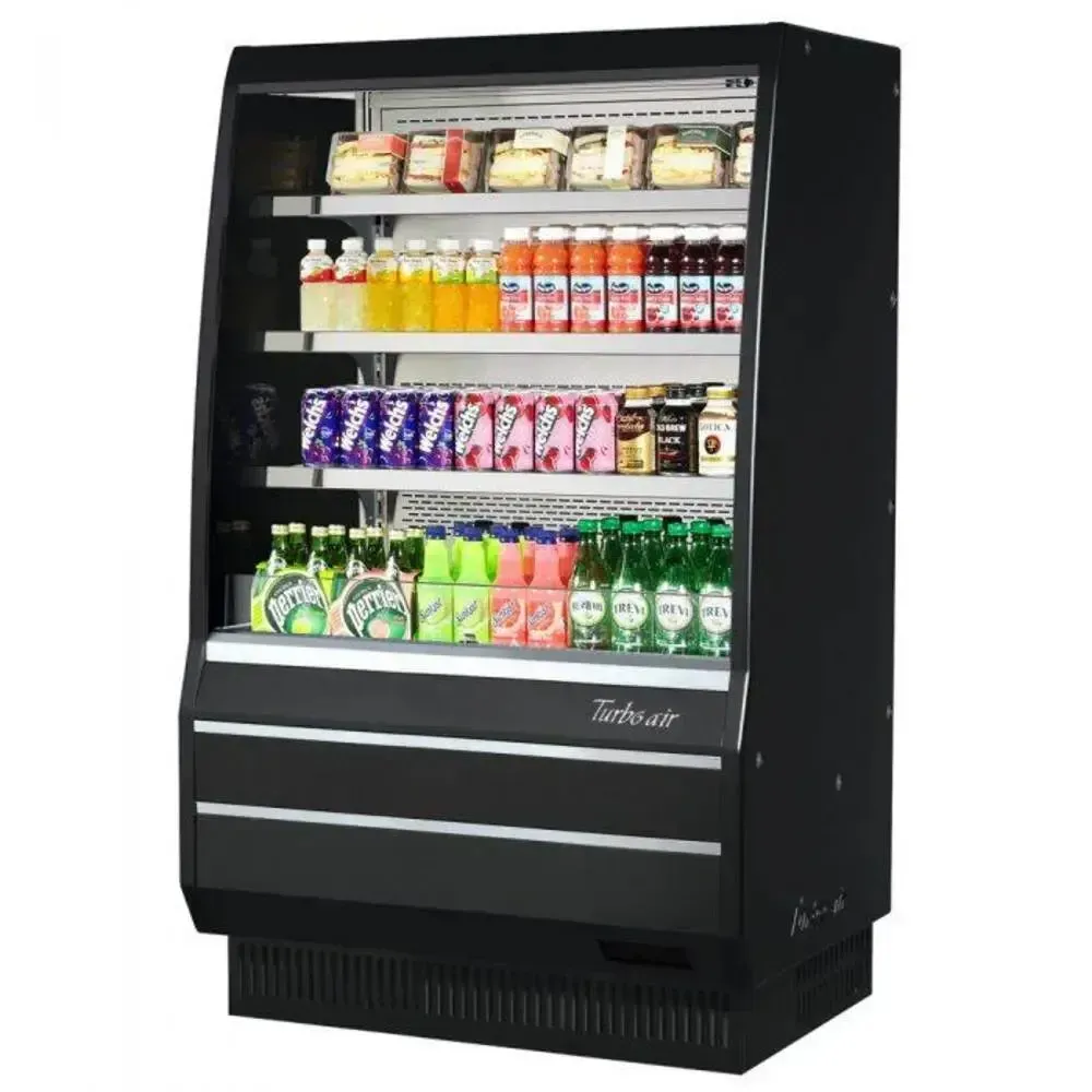 Vertical open display merchandiser by Turbo Air, mid height with a black exterior, solid sides, an open face, and a compact size.