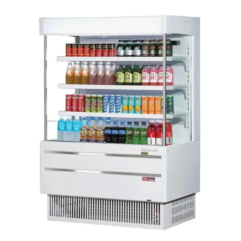 Compact vertical air curtain merchandiser from Turbo Air with a white exterior, a great space saving option for an open display of chilled products.