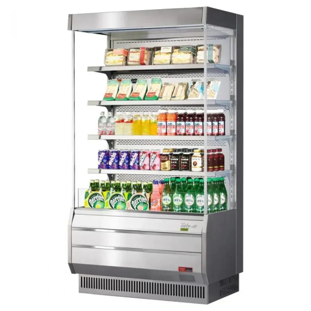 Vertical open display merchandiser by Turbo Air, full height with a stainless interior, glass sides, LED shelves, and a sleek modern look.