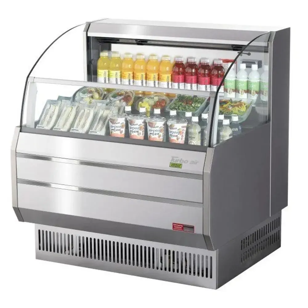Sleek stainless horizontal open display merchandiser from Turbo Air featuring curved glass, ideal for stylish cold food presentation in retail.