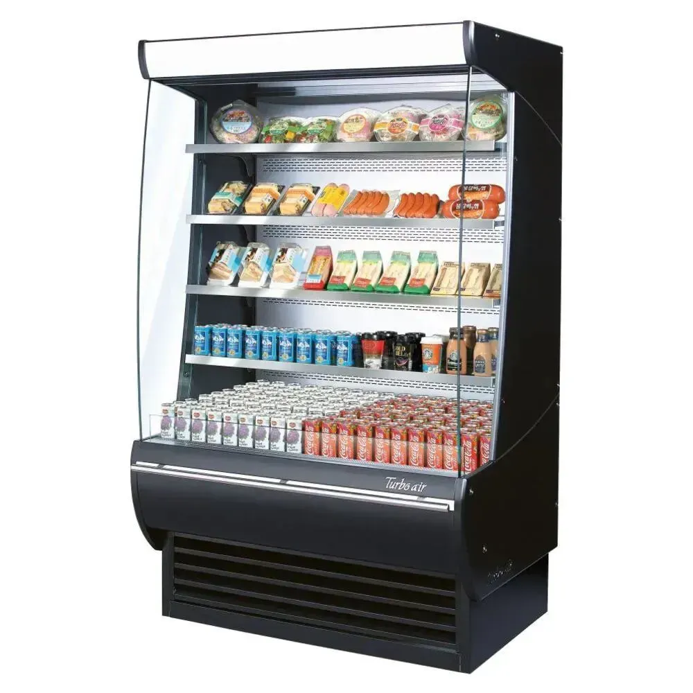 Environmentally safe open display refrigerator by Turbo Air with deep storage and clear visibility for retail, promoting sustainability.