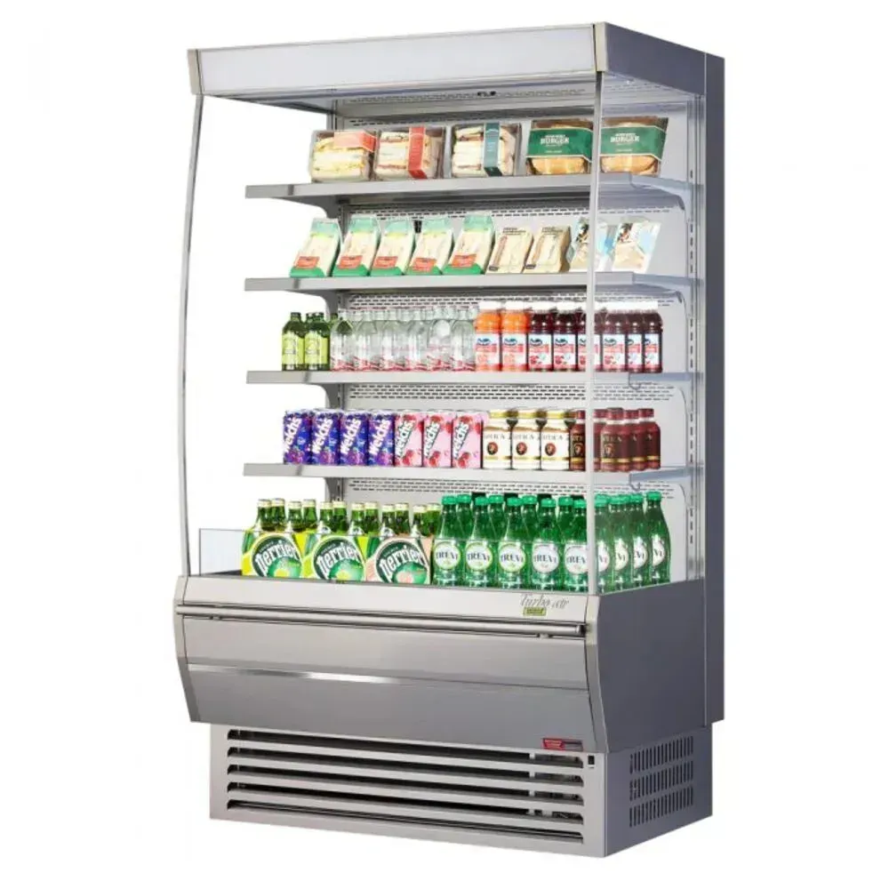 Standard, extra deep vertical open display merchandiser in stainless steel by Turbo Air, providing greater depth for more product on each shelf.