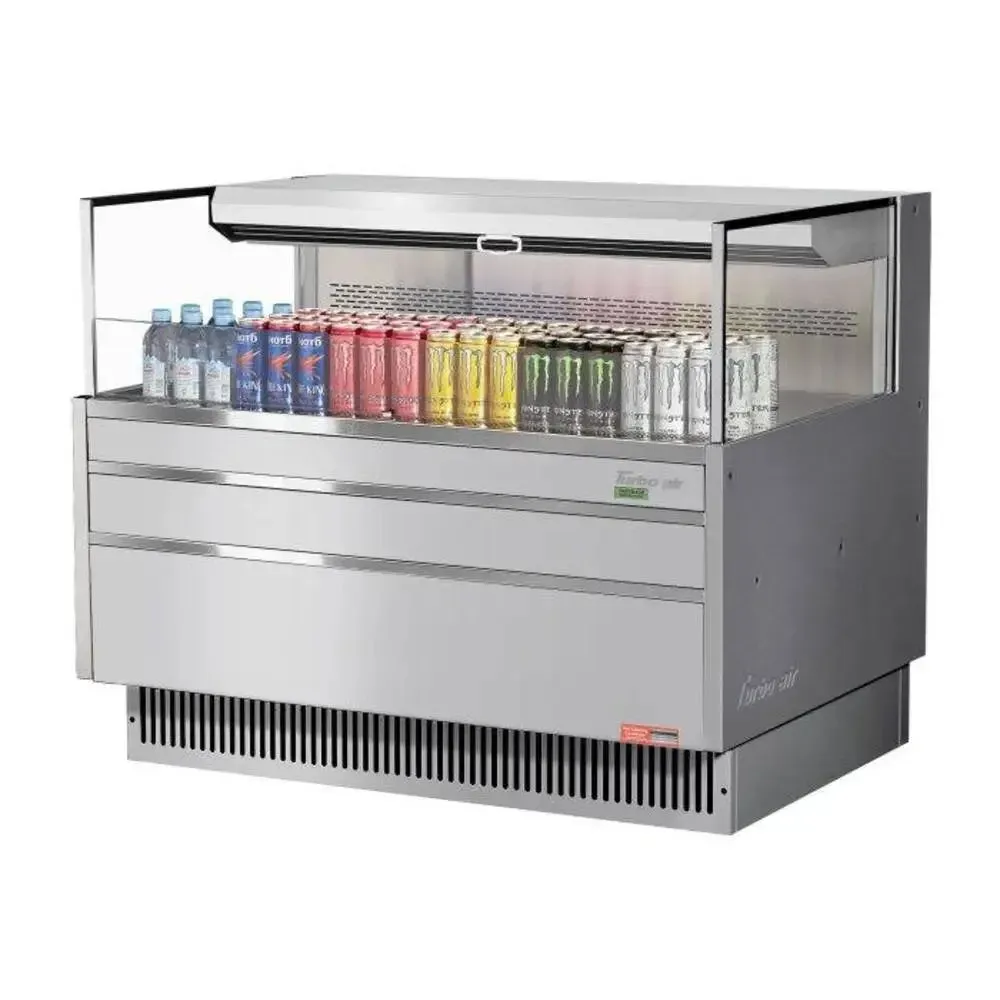 Low profile horizontal open display merchandiser from Turbo Air with a compact width, single shelf, LED lighting, and a small beverage set.