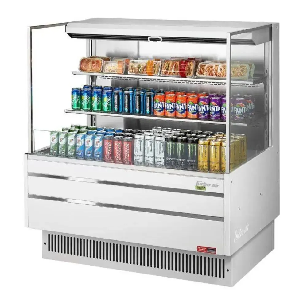 Tall horizontal open merchandiser from Turbo Air provides extended reach and visibility, ideal for high traffic retail spaces and storefronts.