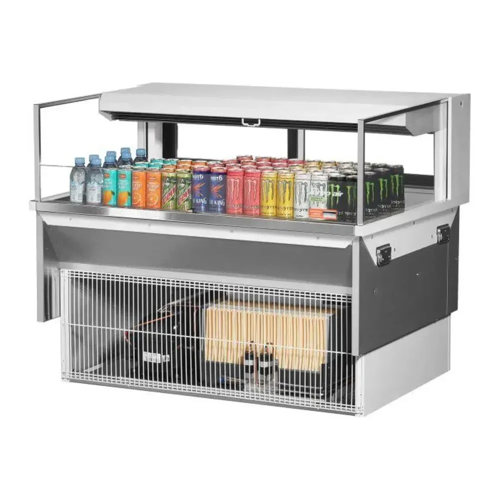 Low profile horizontal open merchandiser by Turbo Air with a glass canopy, dual shelf, LED lighting, and a front air grille for mixed drinks.
