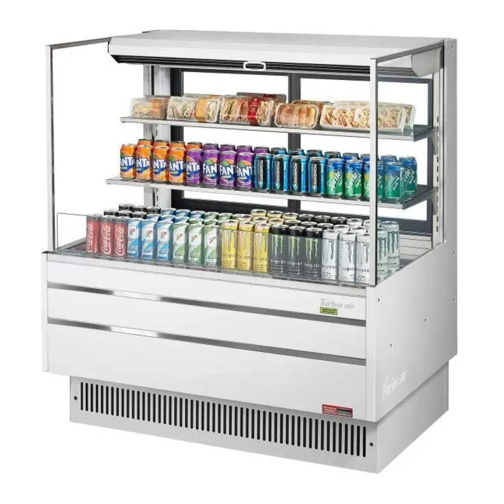 Low profile horizontal open merchandiser from Turbo Air with a glass canopy, single shelf, LED lighting, and a night curtain slot.