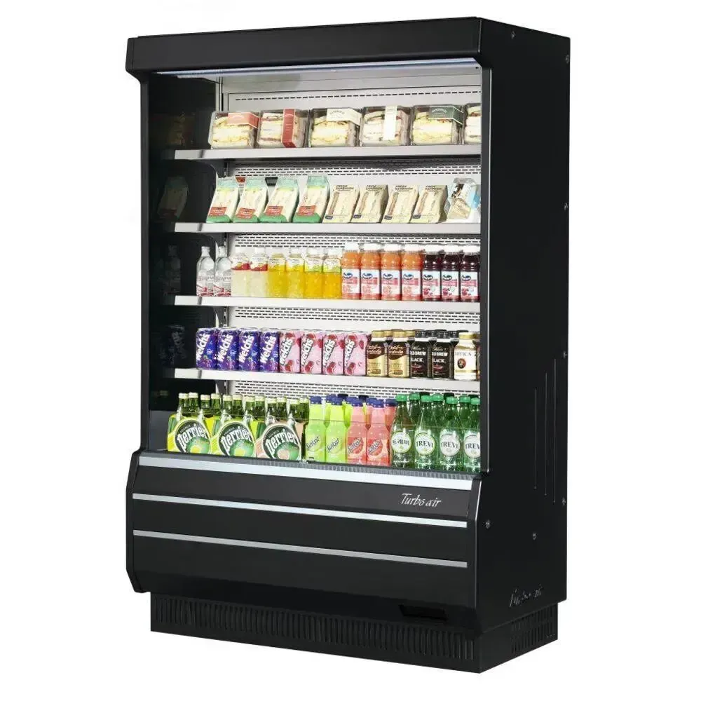 Vertical open display merchandiser from Turbo Air, full height with a black exterior, solid sides, LED shelves, and a night curtain.