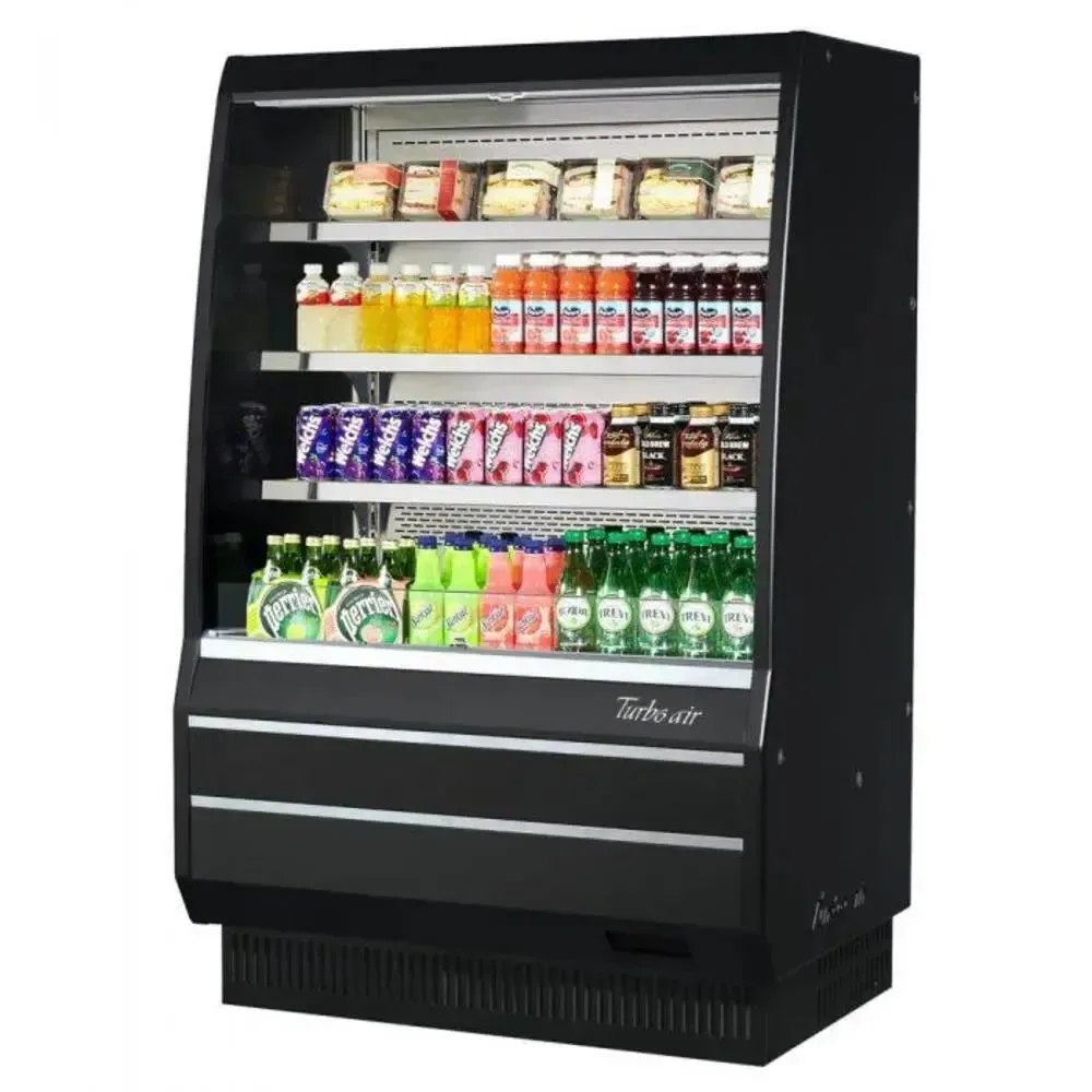 Vertical open display merchandiser from Turbo Air, mid height with a black exterior, solid sides, open front airflow, and LED shelves.