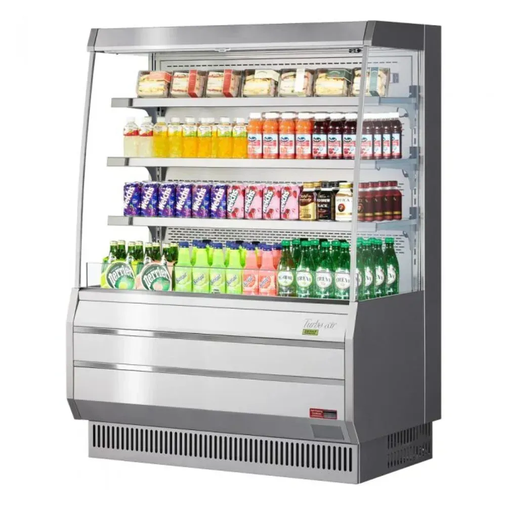 Vertical open display merchandiser by Turbo Air, mid height with a stainless interior, glass sides, open front, and a space saving profile.