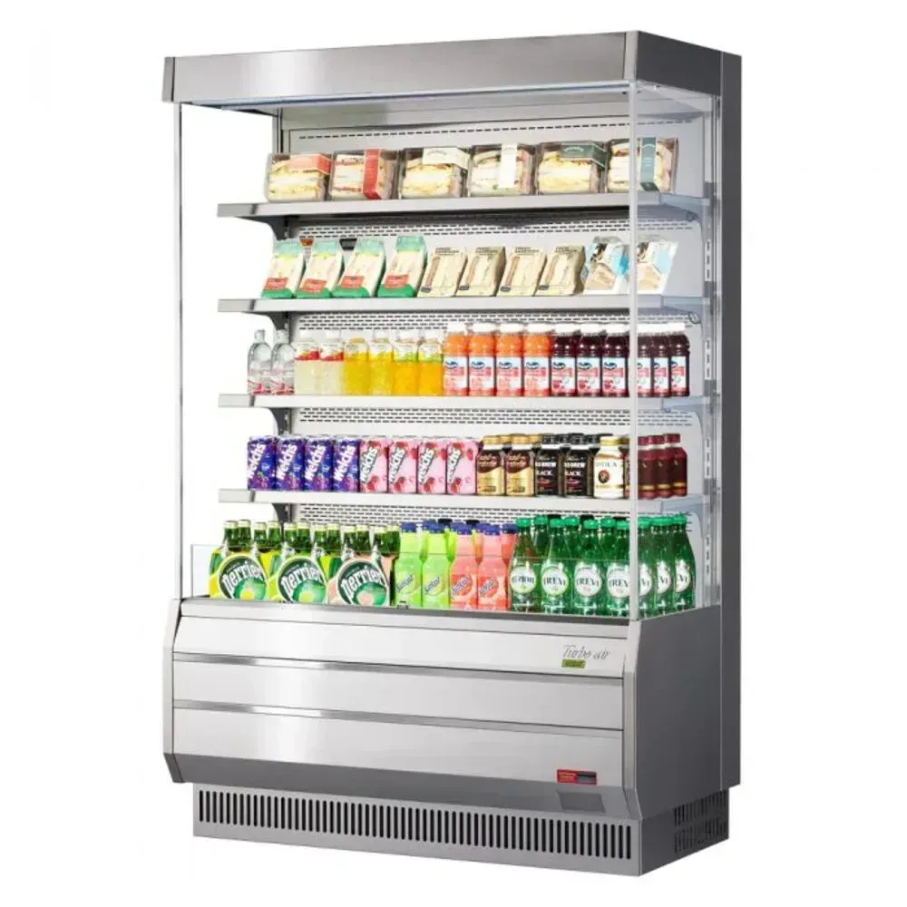 Vertical open display merchandiser from Turbo Air, full height with a stainless interior, glass sides, LED shelves, and a clean line style.