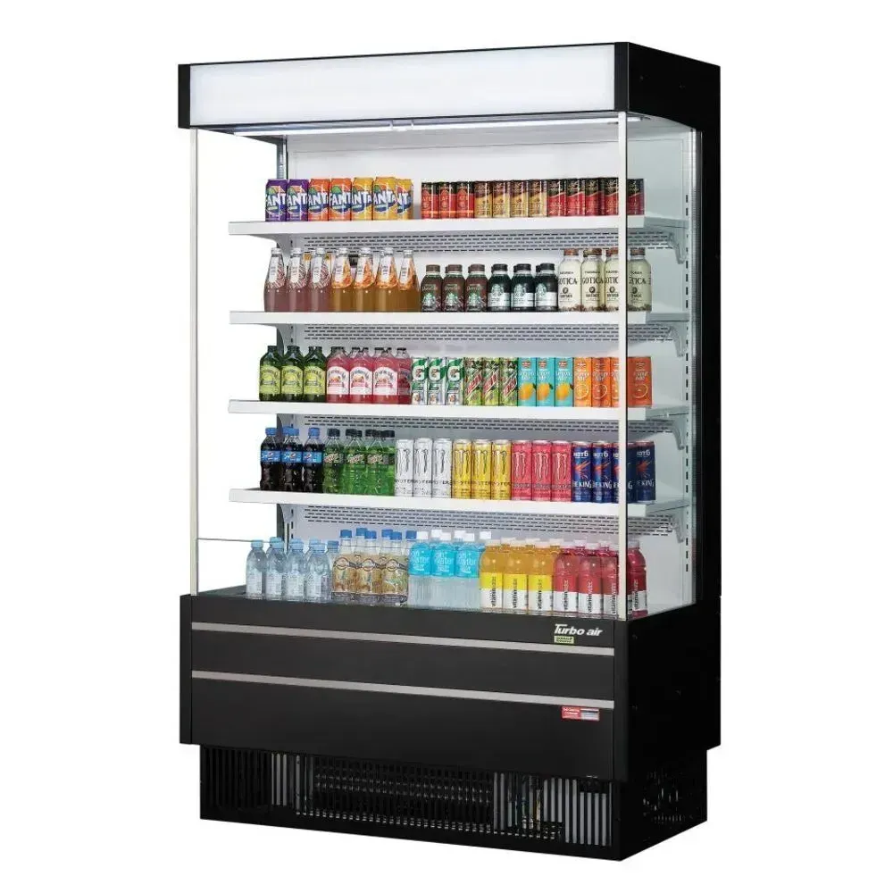 Medium vertical air curtain merchandiser by Turbo Air with a black exterior, perfect for showcasing pre packaged meals, salads, and drinks.