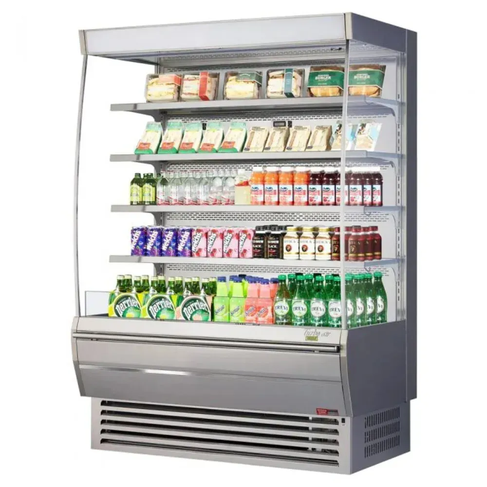 Medium, extra deep vertical open display merchandiser by Turbo Air with a stainless steel finish, offering enhanced capacity for grab and go items.