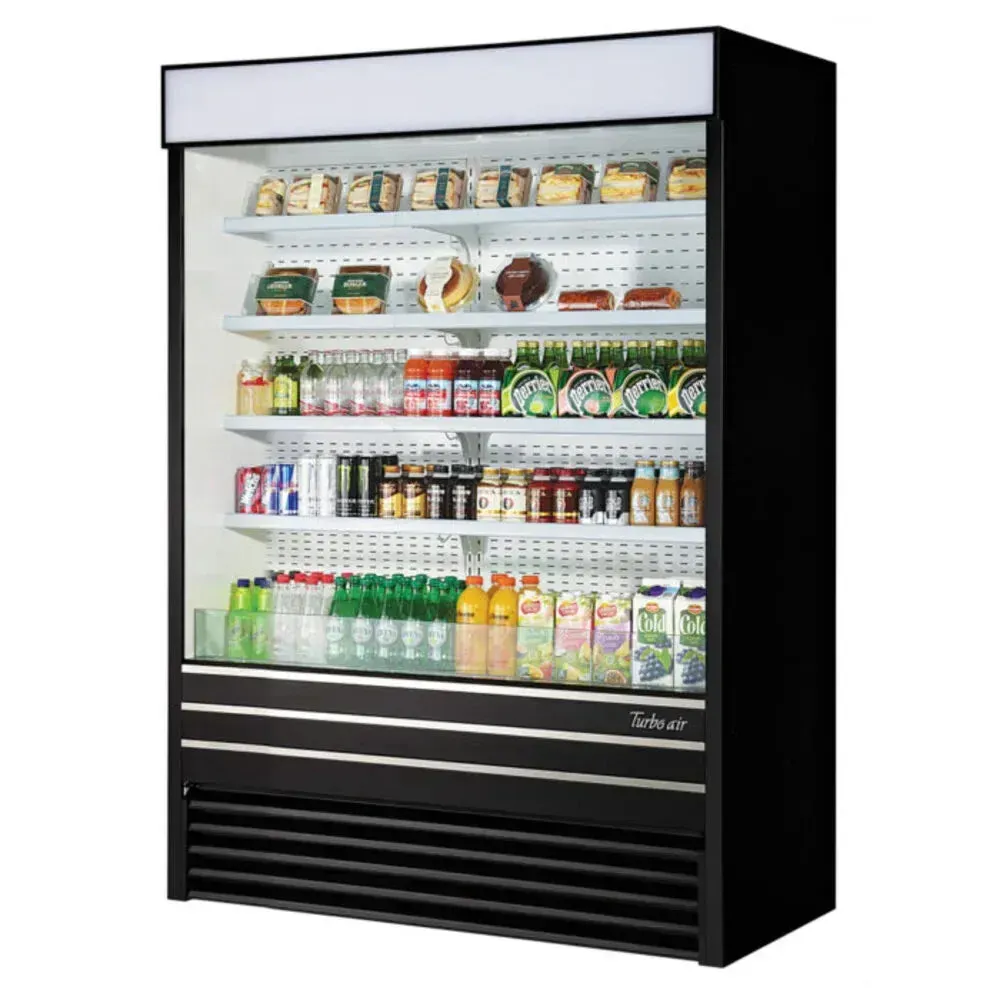 Medium vertical air curtain merchandiser by Turbo Air with a sleek black finish, an ideal open front refrigerator for convenience stores.