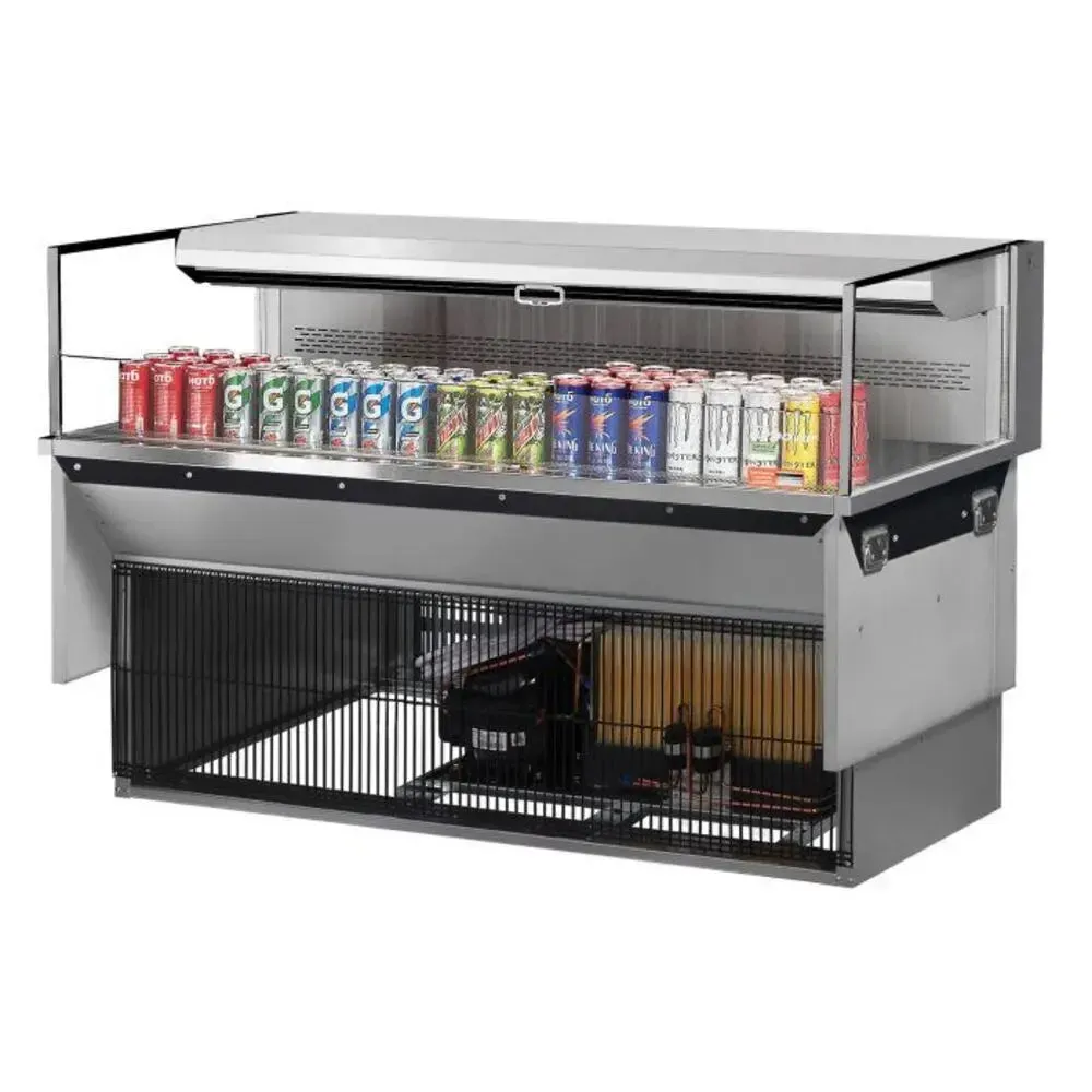 Low profile horizontal open display merchandiser by Turbo Air with a glass canopy, single shelf, and LED lighting for a focused beverage set.