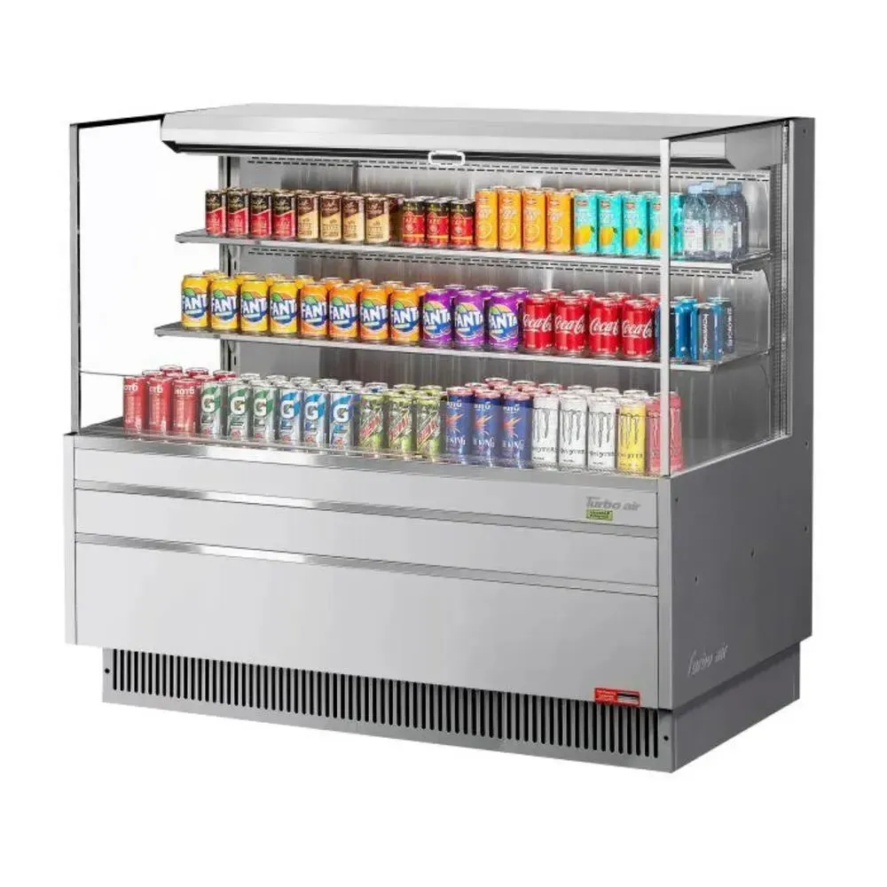 Low profile horizontal open display merchandiser by Turbo Air with a glass canopy, triple shelves, LED lighting, and a bottom intake grille.