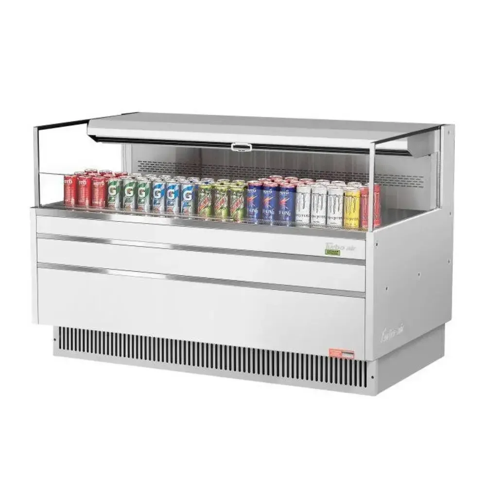 Compact white horizontal open display merchandiser by Turbo Air, ideal for small cafes or stores needing reliable chilled display in tight areas.