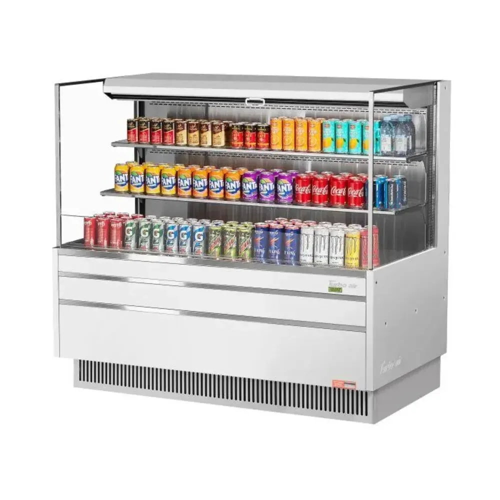 White horizontal open display merchandiser by Turbo Air with a curved glass front, ideal for showcasing chilled products in retail environments.