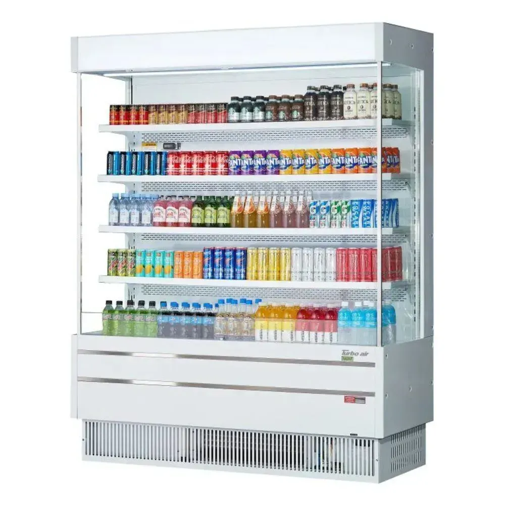 Medium vertical air curtain merchandiser from Turbo Air with a white finish, designed for an inviting, open front display of grab and go items.