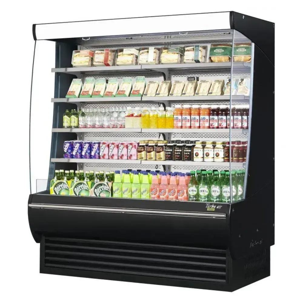 Open front refrigerator by Turbo Air with LED lighting and large storage capacity for high traffic retail spaces, enhancing product visibility.