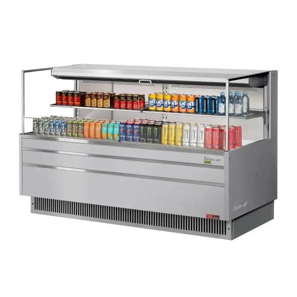 Low profile horizontal open merchandiser by Turbo Air, a wide case with a glass canopy, dual shelves, LED lighting, and a night curtain.