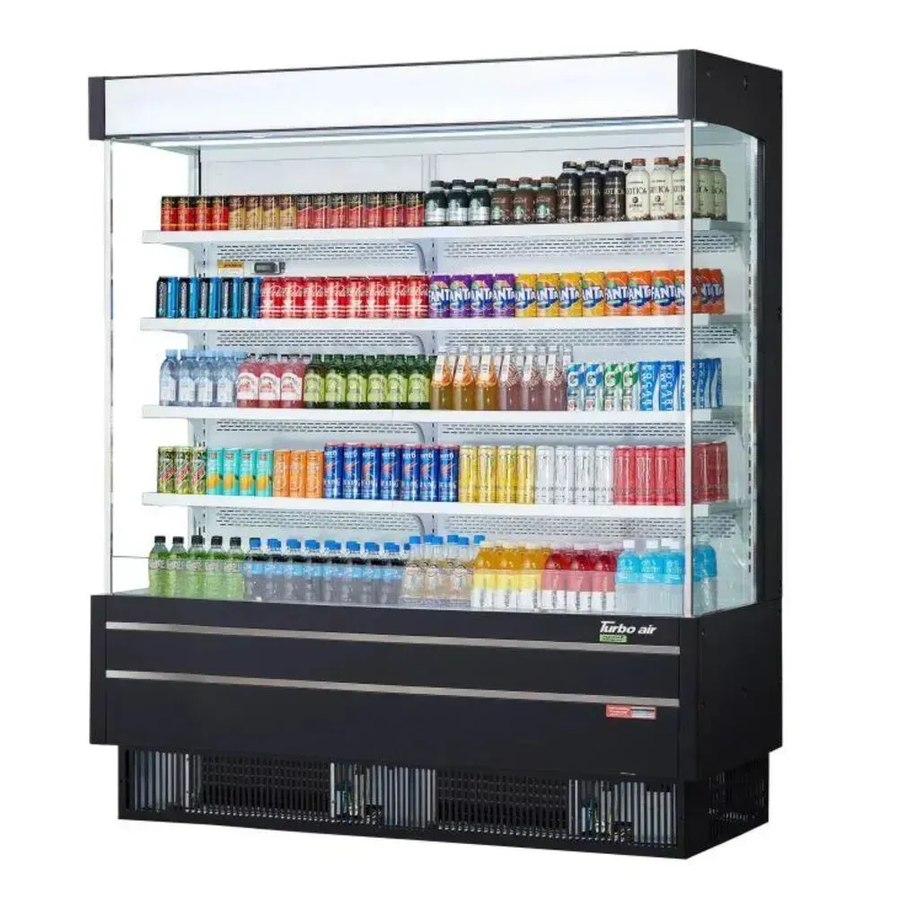 Wide, vertical air curtain merchandiser by Turbo Air with a black finish, offering a large, open display for easy access to chilled products.