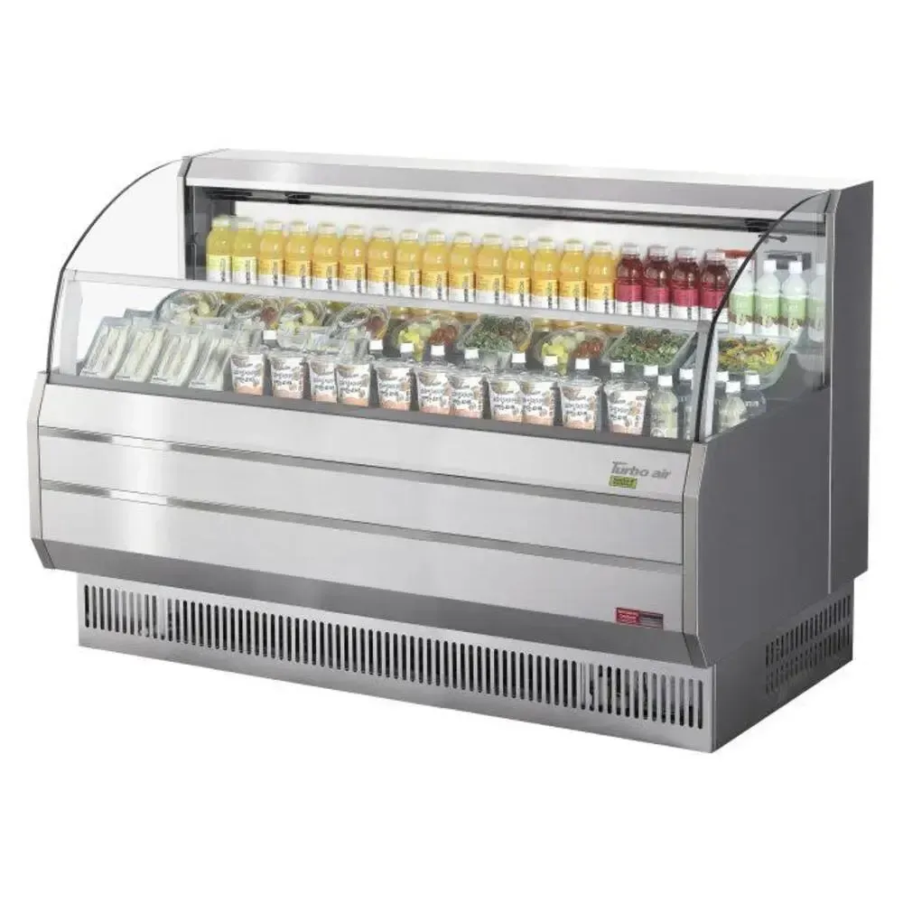 Premium curved display unit by Turbo Air with a full glass front, designed for elegant chilled product presentation in retail and hospitality.