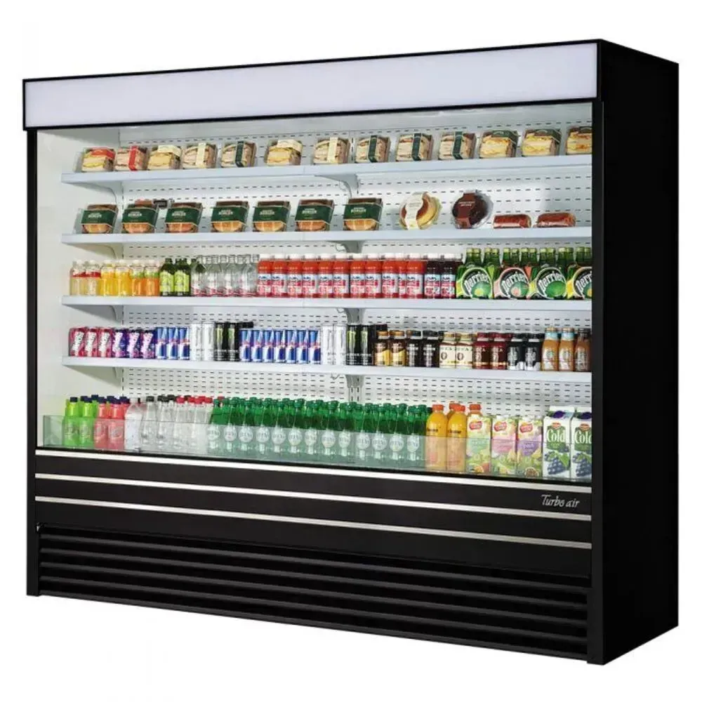 Extra wide vertical air curtain merchandiser by Turbo Air with a black finish, offering maximum product visibility and easy customer access.