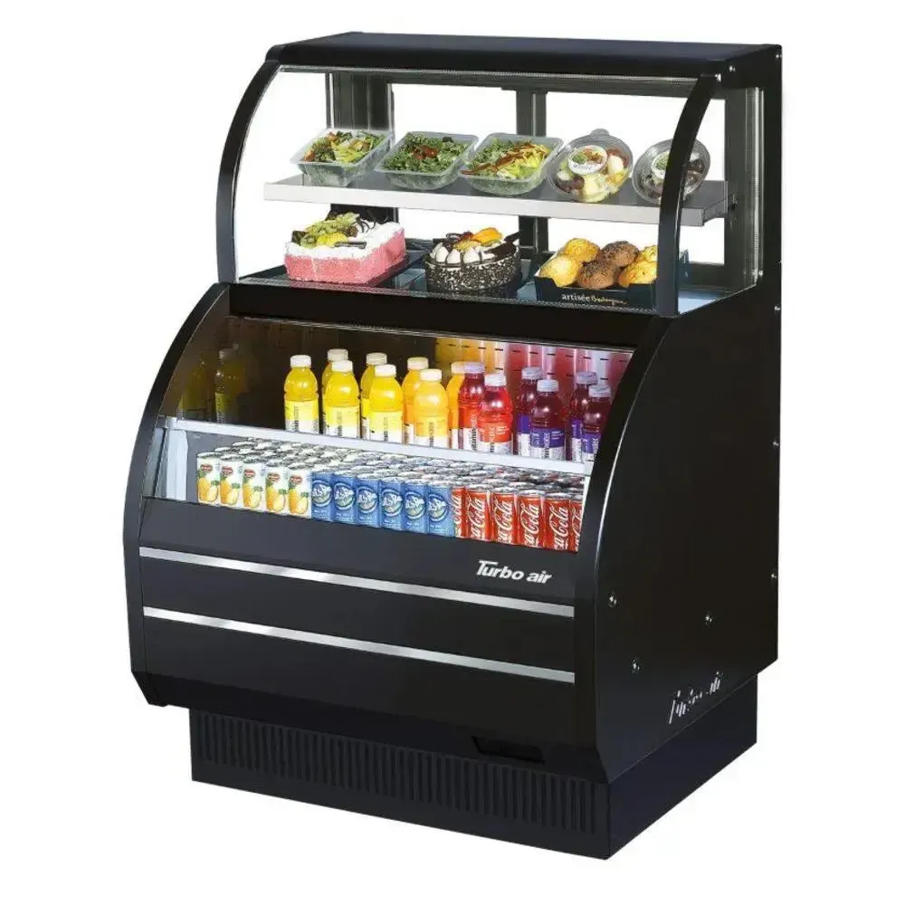 Horizontal refrigerated case by Turbo Air with an open front, ideal for beverages and grab and go items in busy commercial spots like cafes.