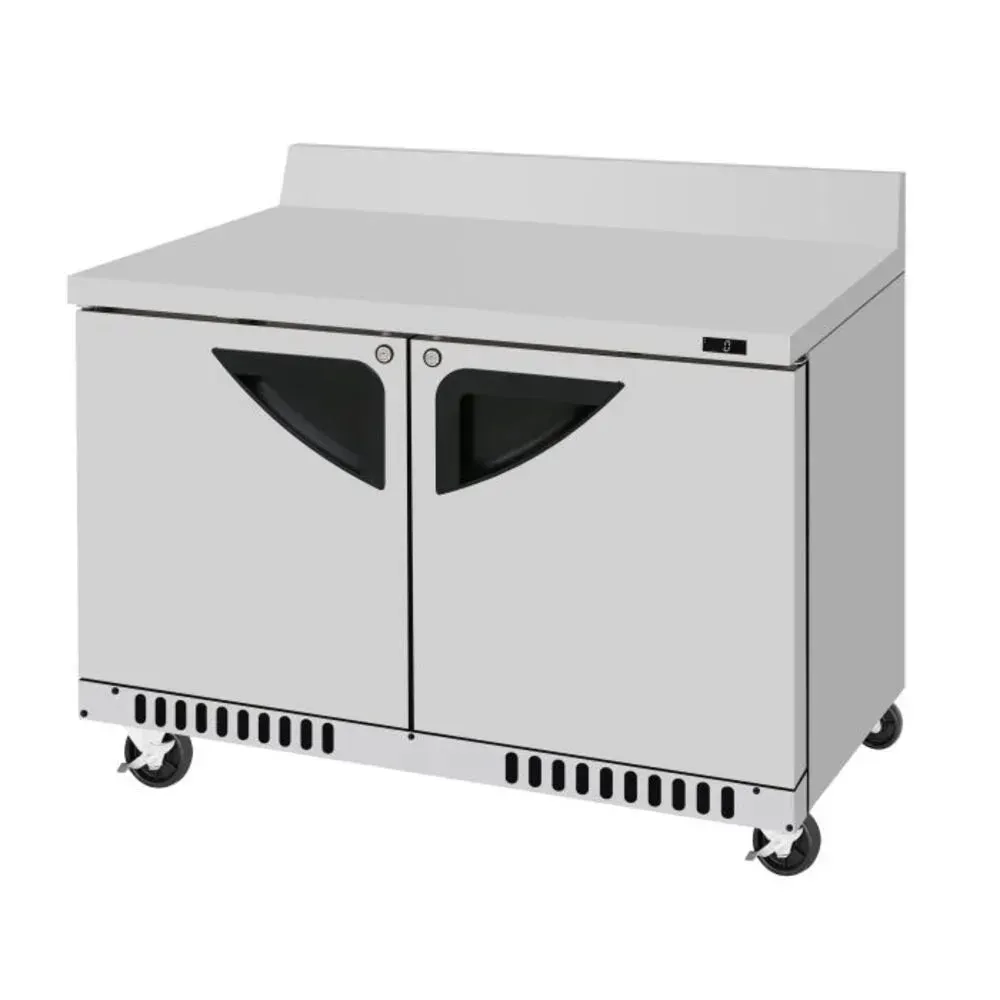 Super deluxe worktop freezer by Turbo Air with front breathing and wheels, made for versatile use and consistent low temperature storage.