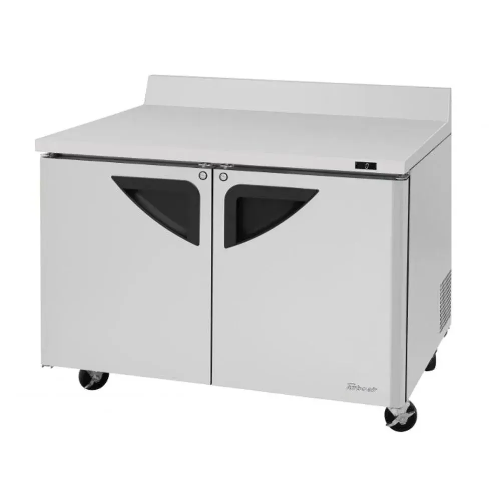Two section stainless steel worktop freezer by Turbo Air with energy efficient cooling, a stainless build, and ample space for restaurants.