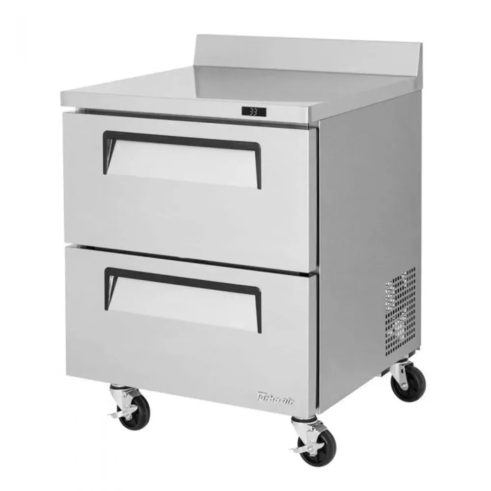 Two drawer super deluxe worktop refrigerator from Turbo Air with a flat top and wheels, perfect for storing food in busy commercial kitchens.