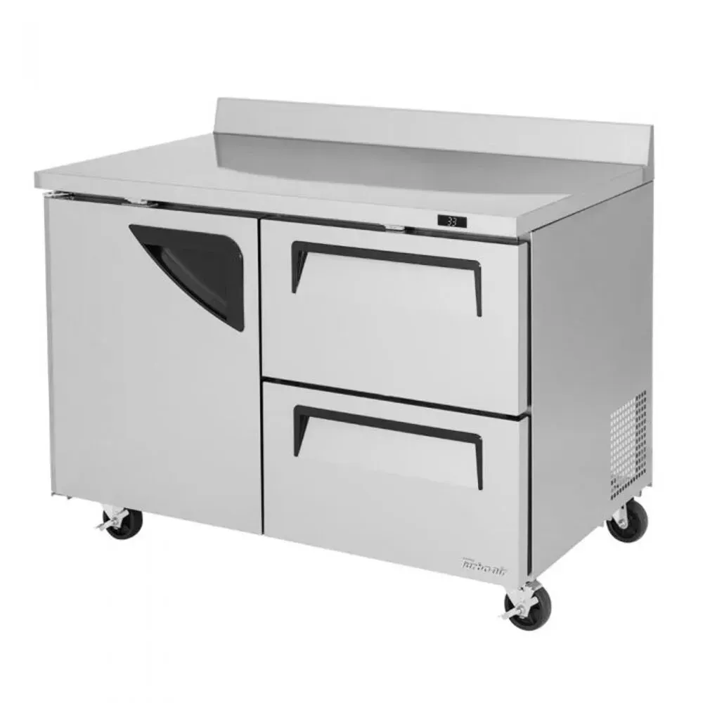 Mixed door and drawer super deluxe worktop refrigerator from Turbo Air with a flat top and wheels, designed for efficient commercial kitchen use.
