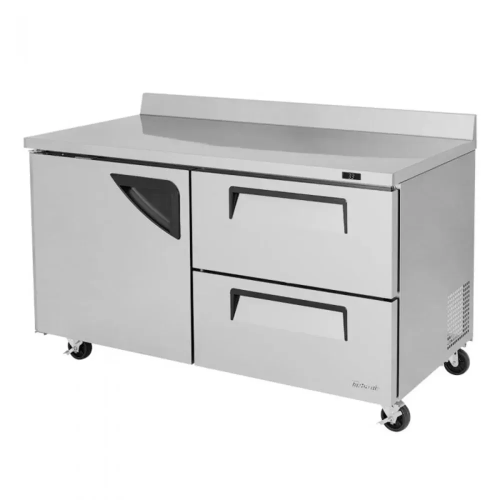 Two section stainless steel worktop refrigerator from Turbo Air with ample capacity, dependable cooling, and a user friendly design for catering.