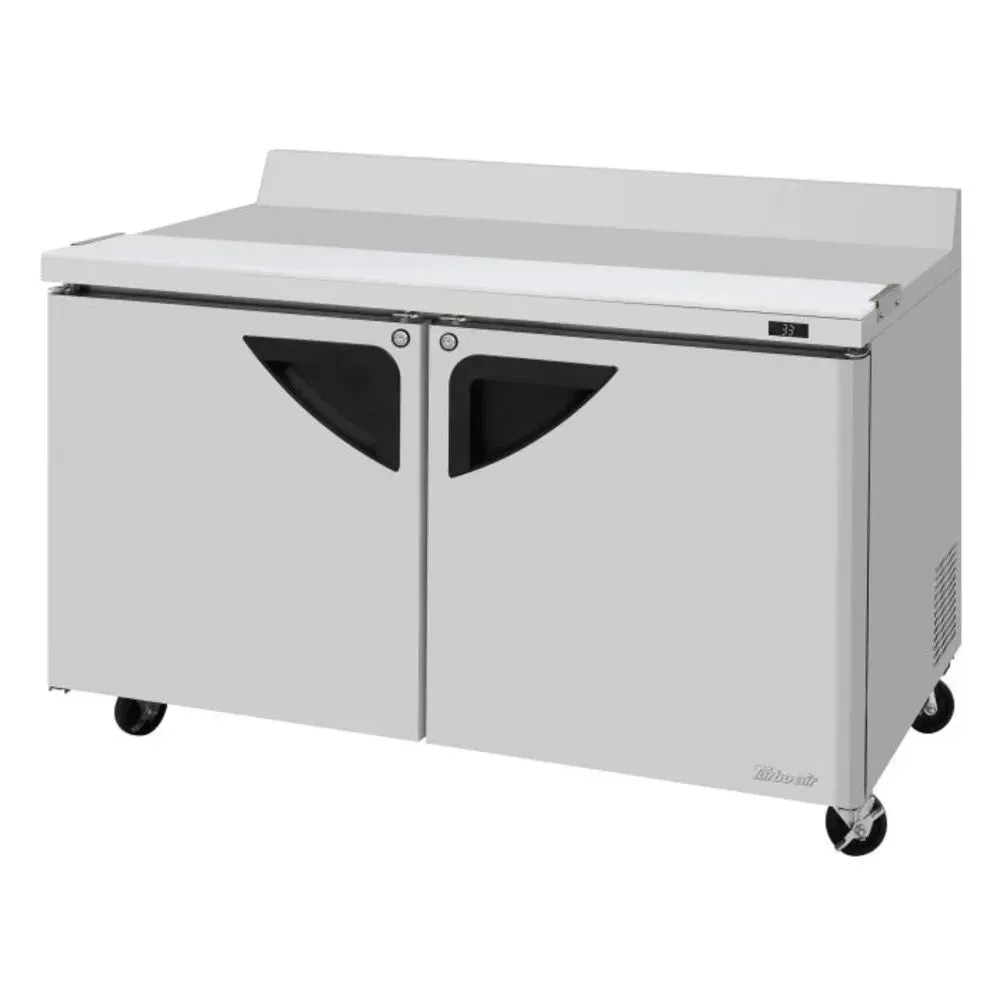 Two section stainless steel worktop refrigerator from Turbo Air with front breathing, ample storage, and reliable cooling for busy kitchens.