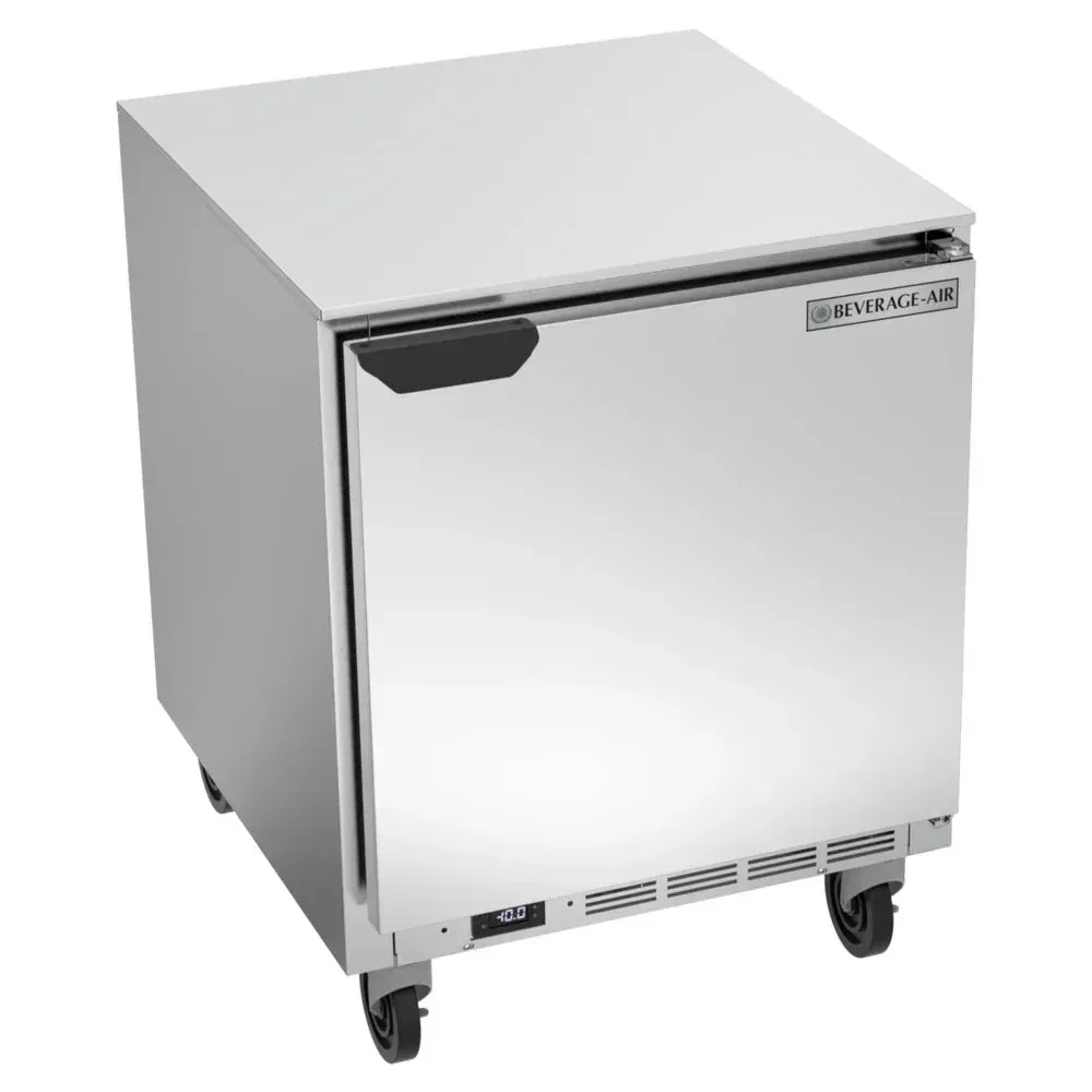 Solid-door undercounter freezer by Beverage-Air ensures consistent sub-zero storage with durable stainless steel construction for daily use.
